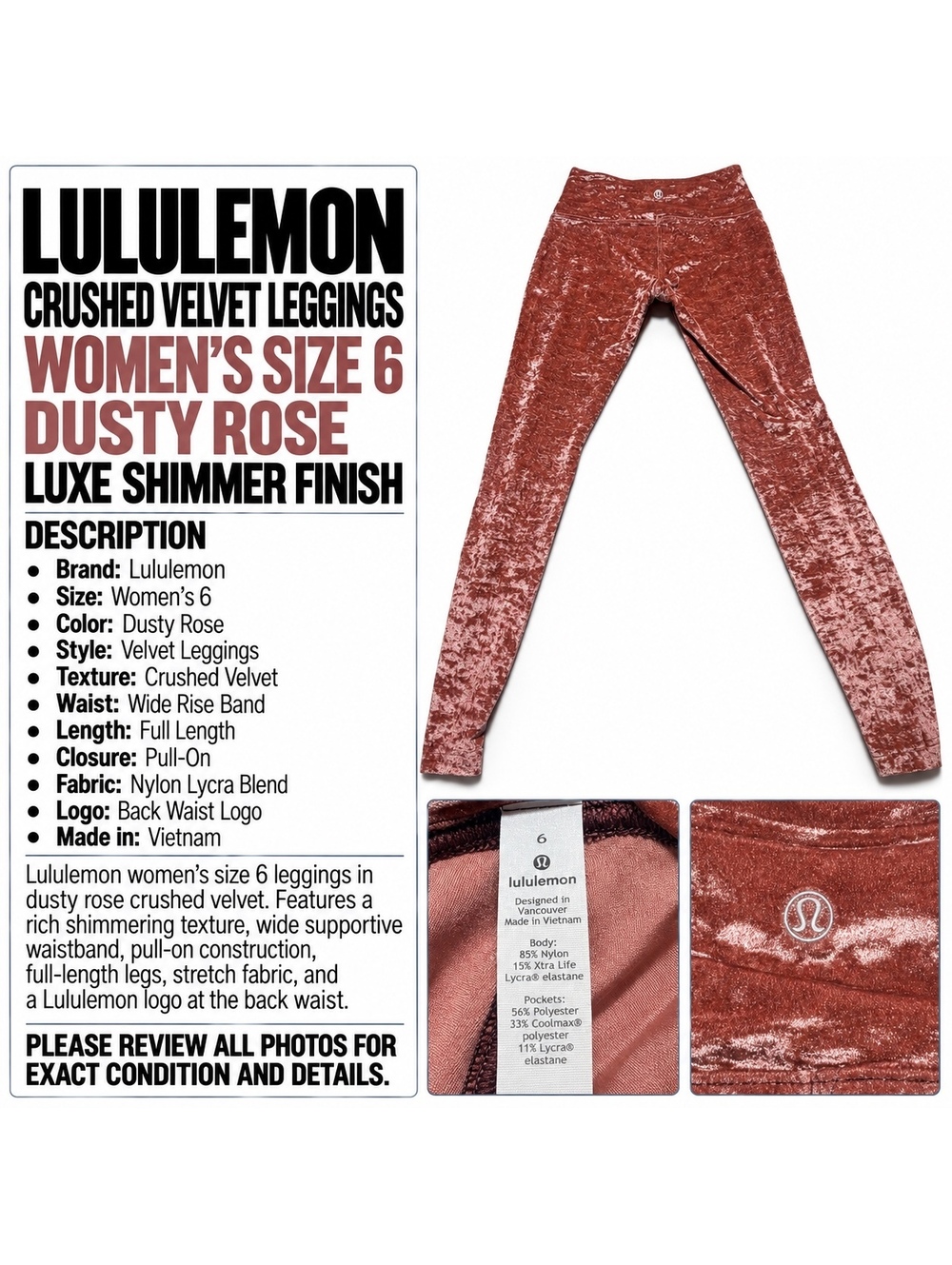 Lululemon Women's Velvet Leggings Size 6